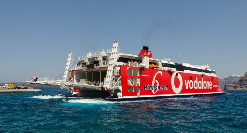 A Hellenic Seaways ferry docked at Athinios harbor in Santorini, Greece.