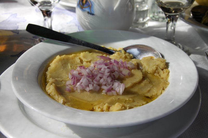 A bowl of Santorini fava purée served at a fish tavern in Perivolos, Santorini.